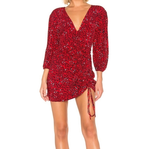 LOVERS + FRIENDS Hayden Red Mini Dress in Sahara Cheetah Bloused Sleeves Shirred - Picture 1 of 16